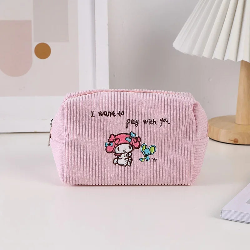 Sanrio Cosmetic Bag Kawaii Cartoon Kuromi Cinnamoroll Corduroy Large Capacity Pencil Case Melody Pochacco Student Children Gifts