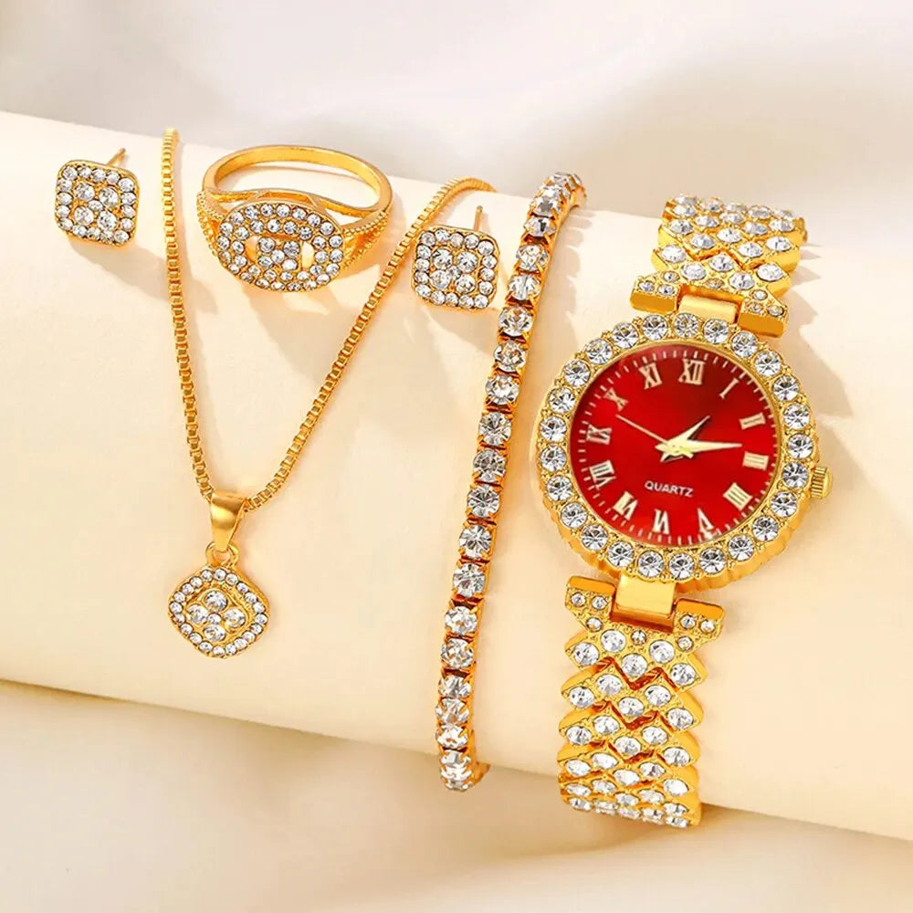 5pcs Set Jam Tangan Kuarza Wanita Kasual Bergaya Jam Tangan Kuarza WANITA Kalung Cincin Anting-Anting Set Jam 