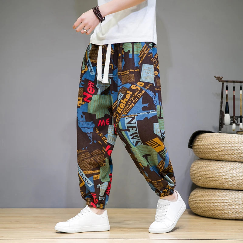 Chinese Style Man Pants Spring Summer Thin Breathable Cotton Linen Pants Men Harem Pants Printed Casual Pants Loose Pants Men