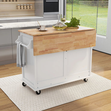 Kitchen Cart with Rubber wood Drop-Leaf Countertop, Concealed sliding barn door adjustable height,Kitchen Island on 4 Wheels wit