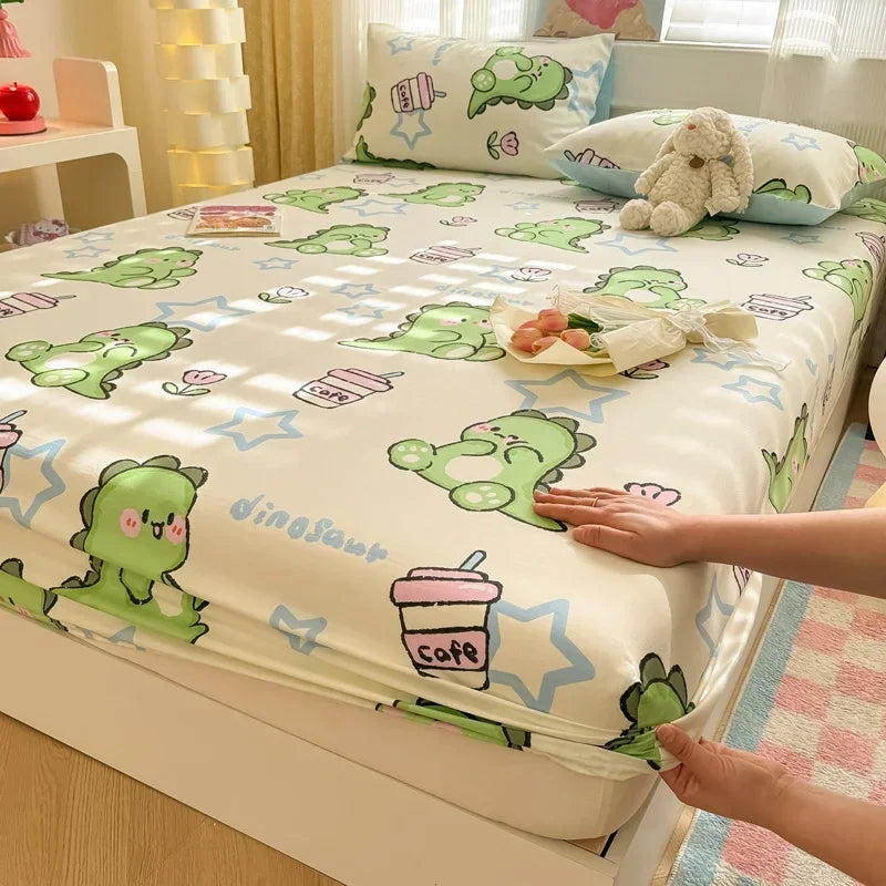 1 pc 100%Cotton Bed Sheet Cartoon Fish Printed Fitted Sheet with Elastic Band Single/Queen/King Pure Cotton Bed Botton Sheets