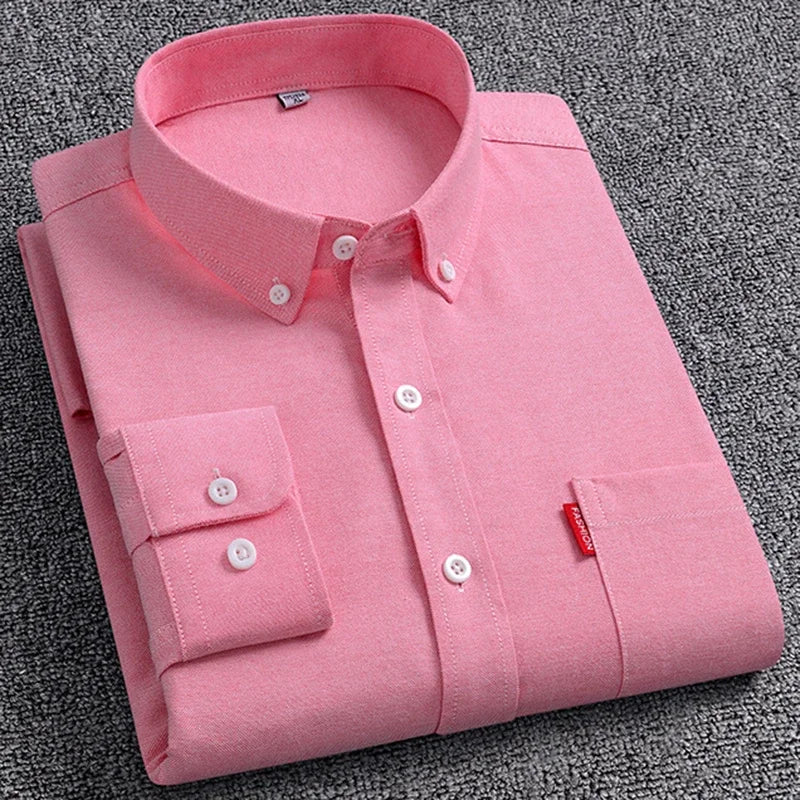 Men's Oxford Long Sleeve Shirts 100% Cotton Solid Color Turn Down Collar Regular Fit Daily Men Clothing Easy Care Shirts For Man