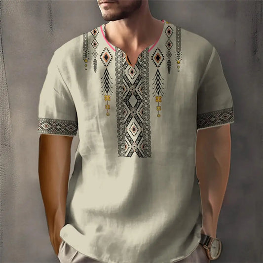 Vintage T-shirt For Men African Traditional Ethnic Style Print T-shirt Loose V-Neck Short Sleeved Tee Oversized Men Clothing Top