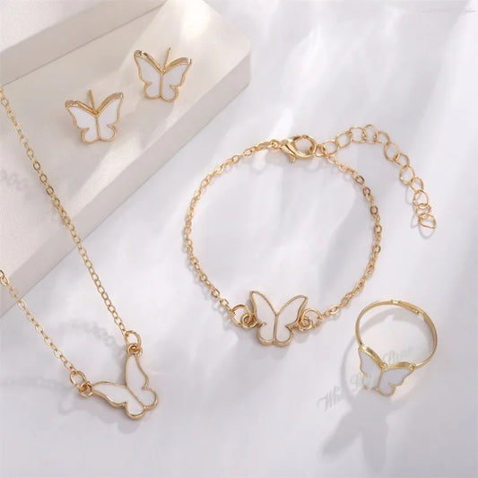 Set Barang Kemas Rama-rama Kristal Akrilik Gelang Romantik Cincin Kalung Set Anting-Anting untuk Wanita Aksesori Pakaian Makan Malam Perkahwinan 