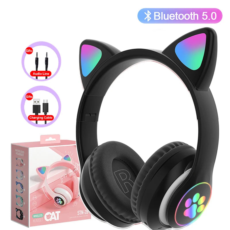 Flash Light Cute Cat Ear Headphones with Mic Kids Girl Stereo Phone Music Headset Gamer Bluetooth Headphone Girls Birthday Gift