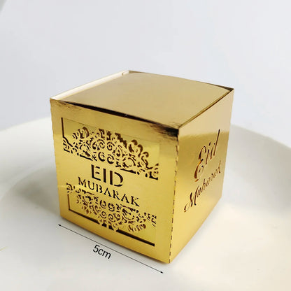 10Pcs Eid Mubarak Candy Boxes Hollowed Out Gift Box Gold White Black Ramadan Islamic Muslim for Eid Al-Fitr Party Decor Supplies