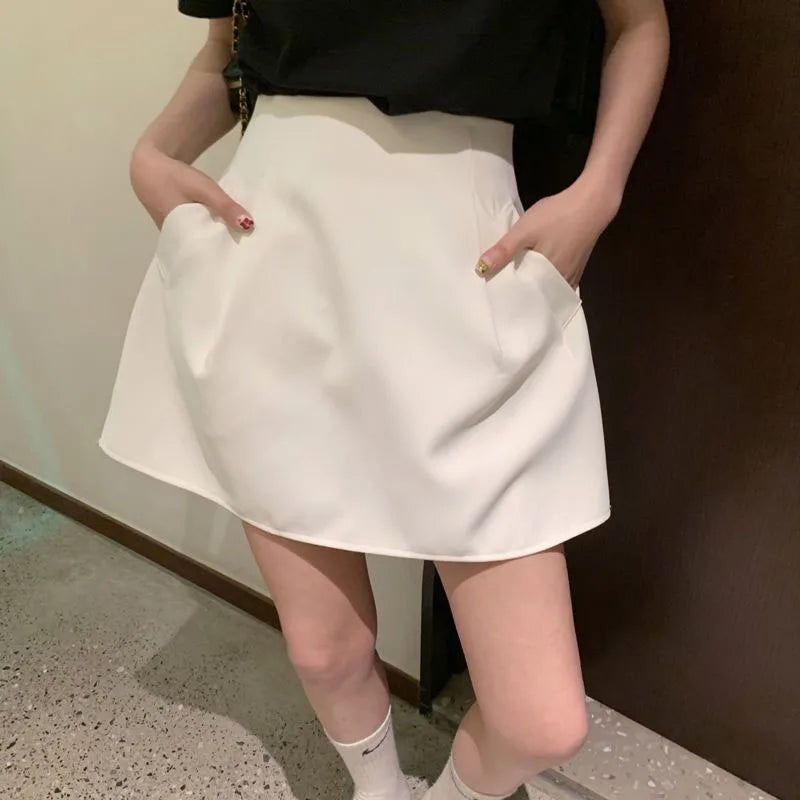 Lucyever Black White High Wiast Puffy Skirt Pendek Wanita Padanan Y2K Poket A-Line Skirt Wanita Skirt Sut Gaya Kerja Korea 