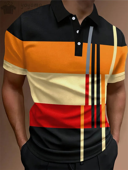 Stripe Pattern Print T-shirts for Men Button T shirt Men Polo Harajuku Street Men's Short Sleeve Shirts Stripe Print Tops Shirt