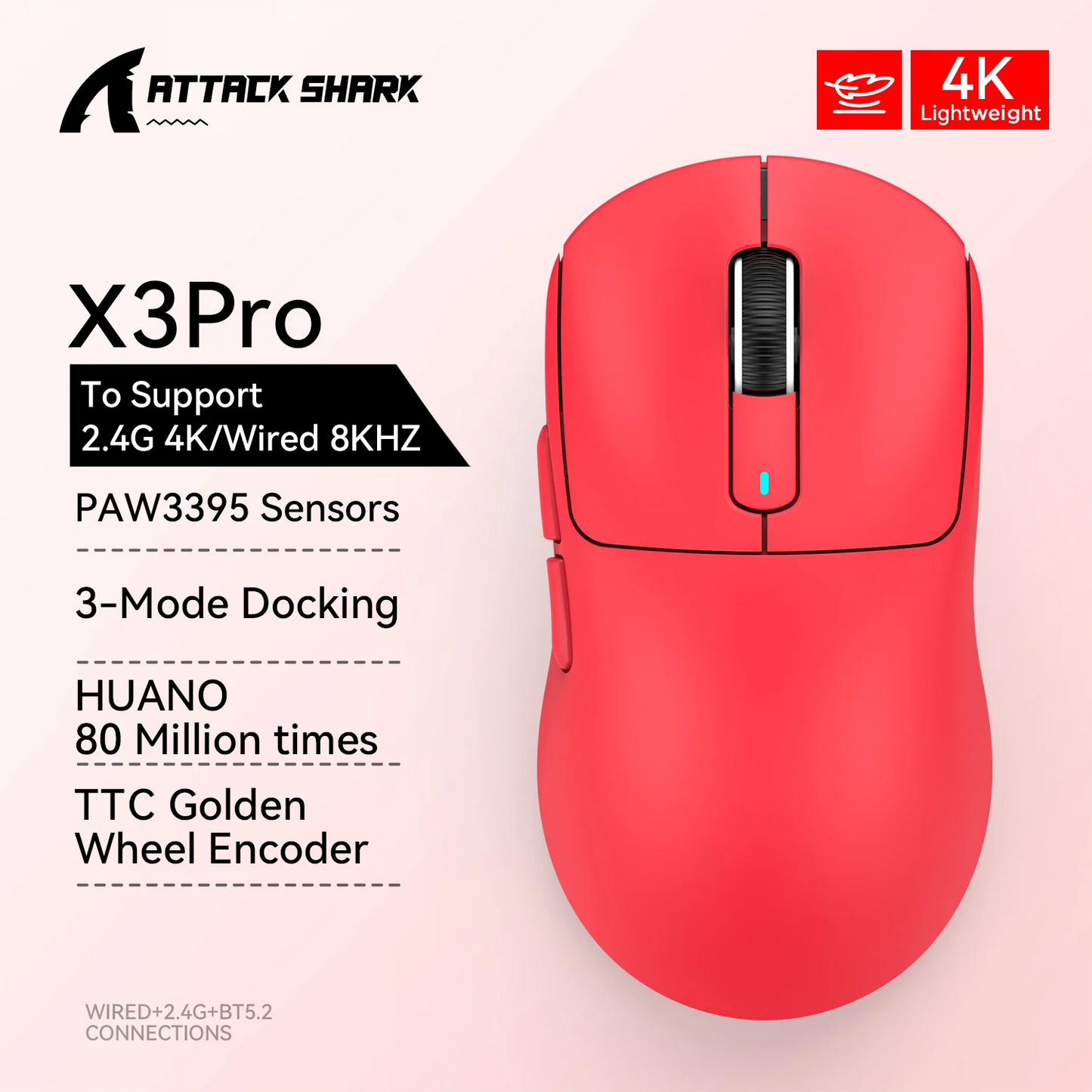 Attack Shark X3 mouse , 49g Lightweight Mouse Pixart 3395 Gaming Mouse Wireless  2.4G Bluetooth Gaming Esport Mouse Laptop