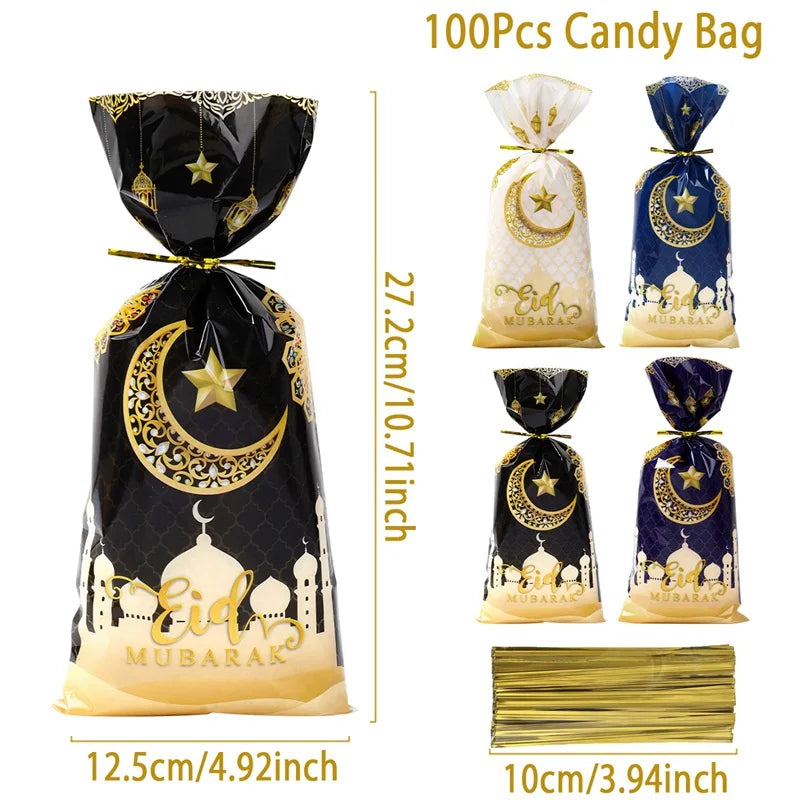 25/50/100pcs Eid Mubarak Gift Bag With Rope Candy Bag Ramadan Kareem Decor for Home Eid Al-fitr Islamic Muslim Party Supplies