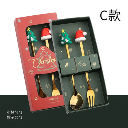 Stainless Steel Spoon,cute Creative Christmas Tree Coffee Mixing Spoon,dessert Fruit Fork,figurine Spoon Fork Cutlery,gift Set