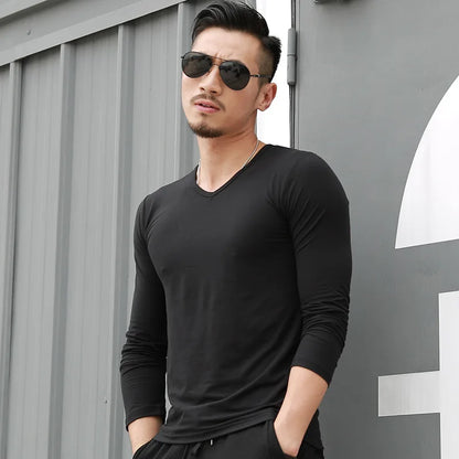 V Neck Mens T Shirts Plain Long Sleeve T Shirt Men Slim Fit Undershirt Armor Summer Casual Tee Tops Underwear Tshirt White Black