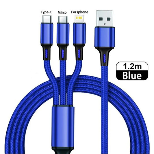 Lovebay 3 Dalam 1 USB Kabel Pengecas Cepat Jenis C Kabel Pengecas Berbilang IOS Mikro untuk iPhone Huawei Samsung Tali Jalinan Nilon 