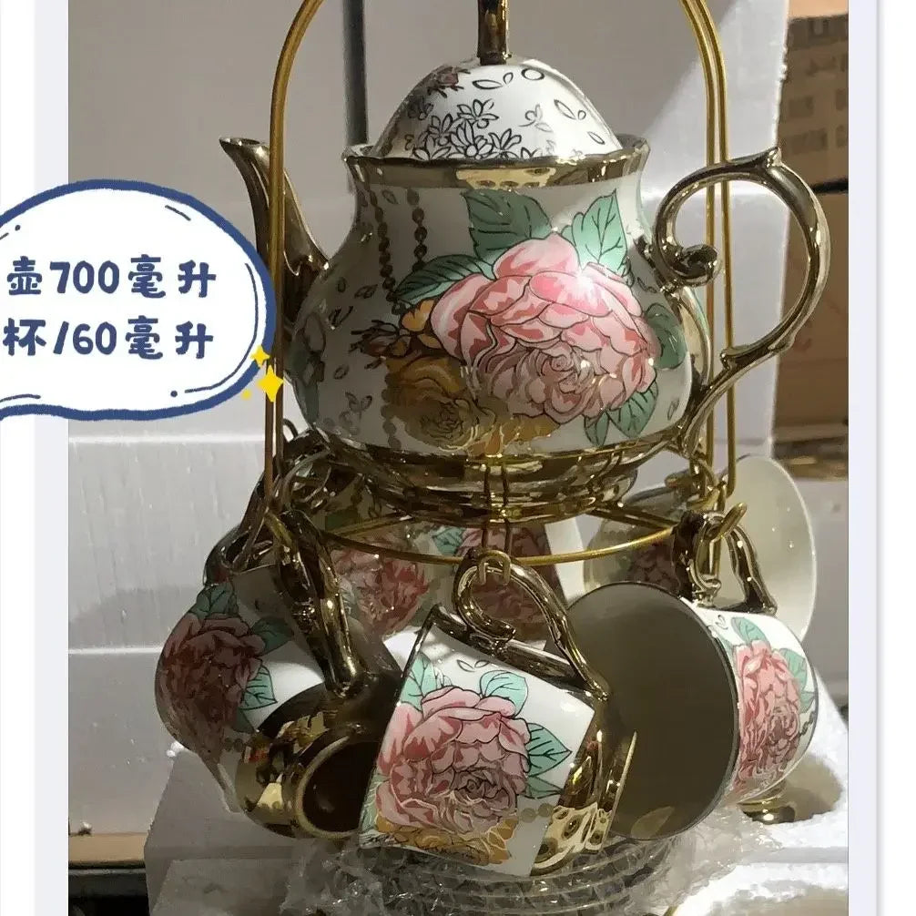 20 Pieces Porcelain Tea Set with Metal Holder European Ceramic Tea Set for Adults Flower Tea Set for Women with Floral