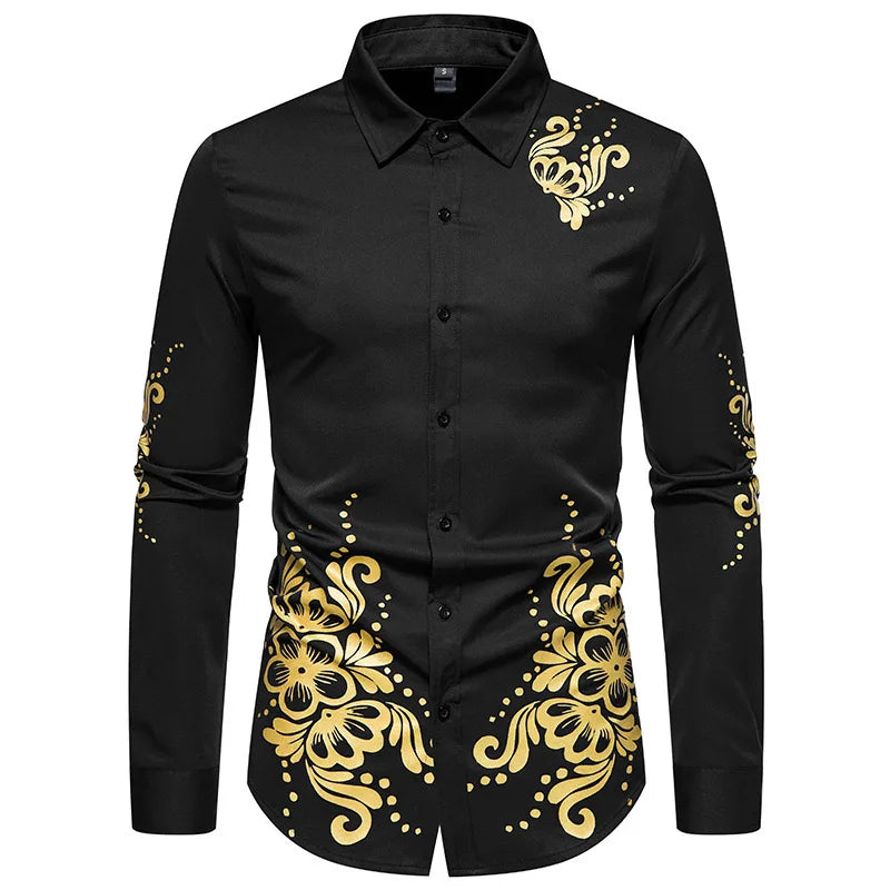 Men's shirt casual and comfortable gold wing floral print shirt 2024 hot selling slim long sleeve formal shirt business fashion