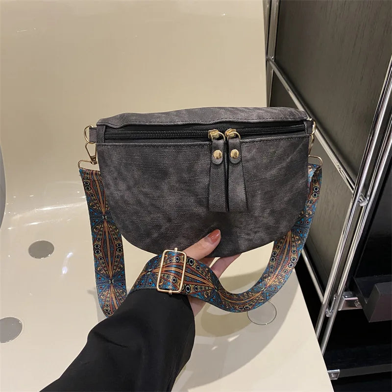 Beg Dada Bergaya Hobo Warna Pepejal Pereka Mewah Beg Dada Wanita PU Kulit Beg Pinggang Fesyen Tali Lebar Pek Bahu Fanny 