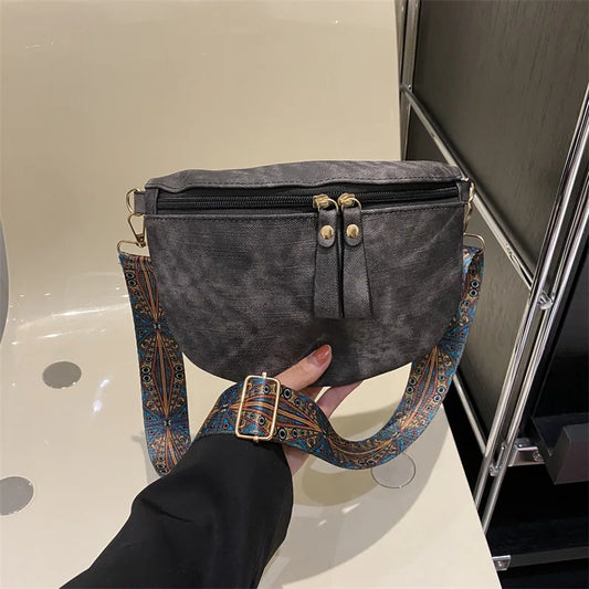 Beg Dada Bergaya Hobo Warna Pepejal Pereka Mewah Beg Dada Wanita PU Kulit Beg Pinggang Fesyen Tali Lebar Pek Bahu Fanny 
