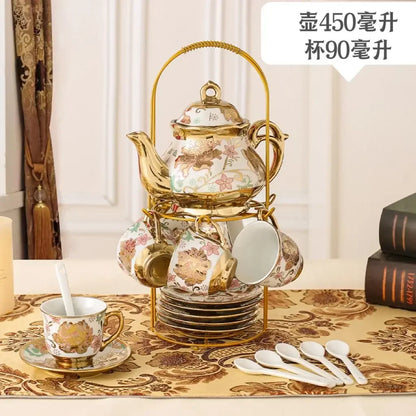 20 Pieces Porcelain Tea Set with Metal Holder European Ceramic Tea Set for Adults Flower Tea Set for Women with Floral