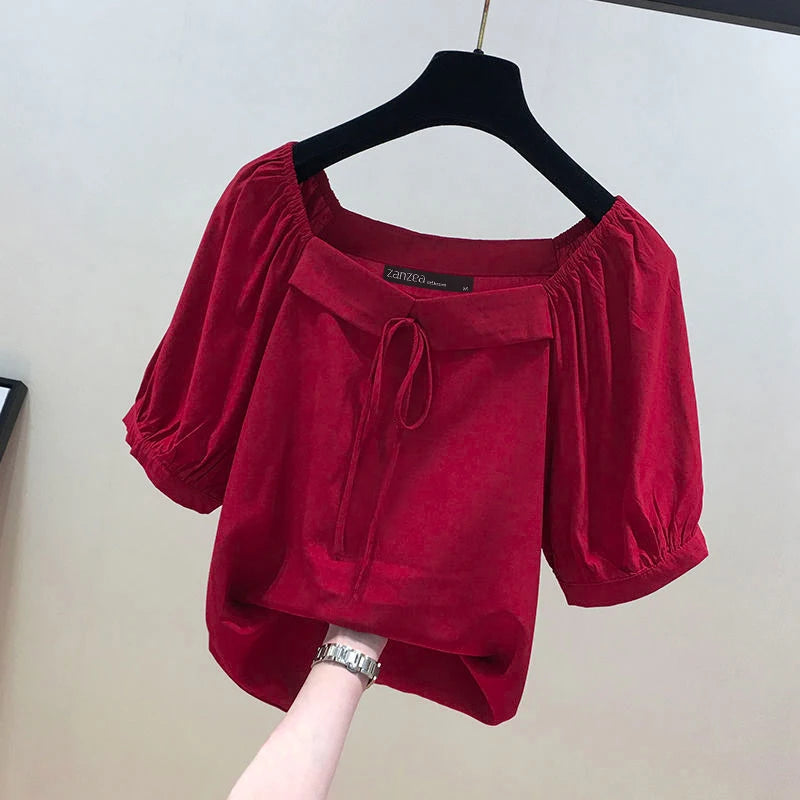 ZANZEA Korean Style Solid Blouse Fashion Women Square Collar Shirts Vintage Half Sleeve Lace-up Tops Casual Loose Clothes Female