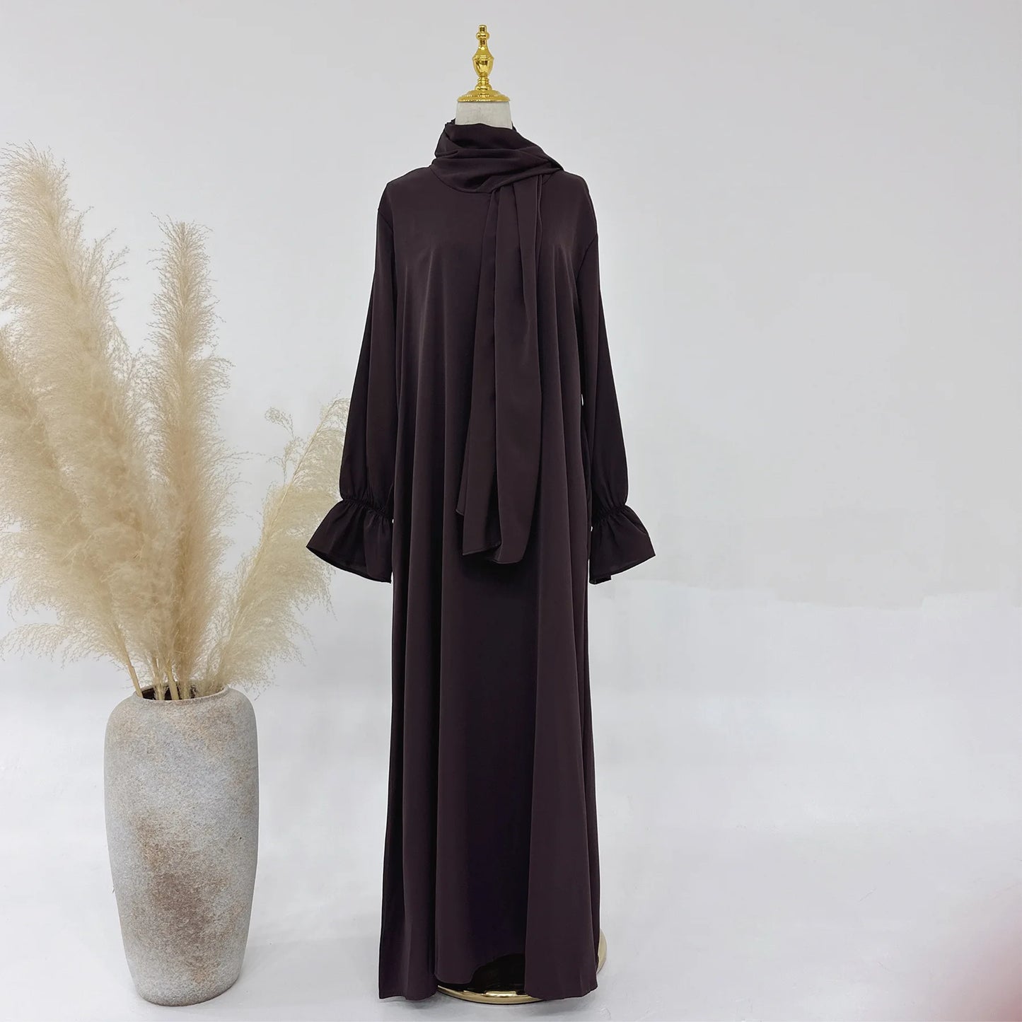 Hooded Abaya Prayer Dress with Attached Hijab Scarf Flare Sleeves One Piece Jilbab Muslim Women Ramadan Eid Dubai Islam Clothing