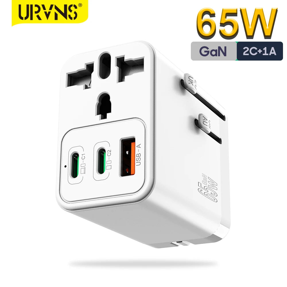 URVNS Universal Travel Adapter 65W GaN Fast Charger with UK,EU,AU,US Plugs, 2USB-C PD & USB-A QC Worldwide International Charger