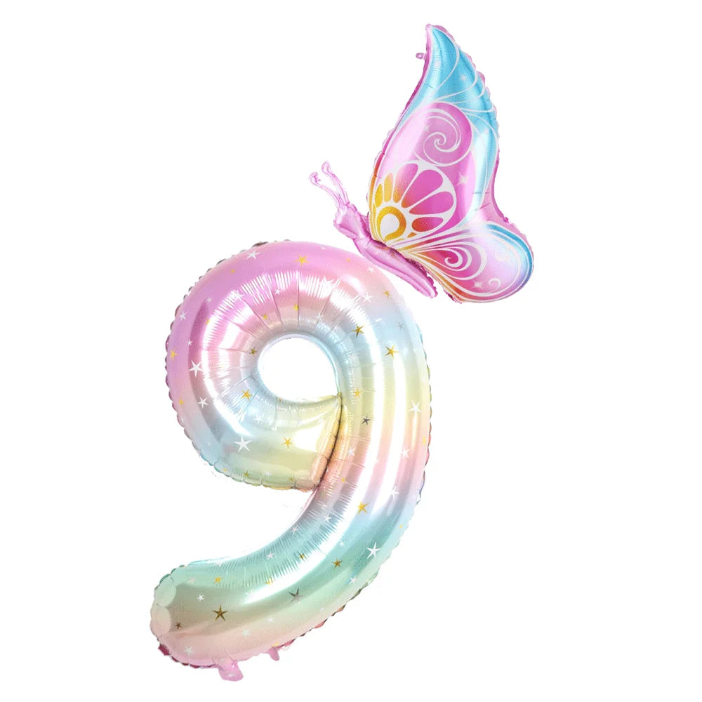 40Inch Colorful Gradient Number Balloon 0-9 Digit Foil Helium Balloon Butterfly Girl Birthday Party Decor Baby Shower Kids Gifts