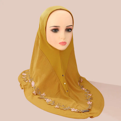 Malaysia Embroidery Floral 2 Layers Instant Hijab Muslim Wear Directly Islamic Shawls Arab Scarf Turban