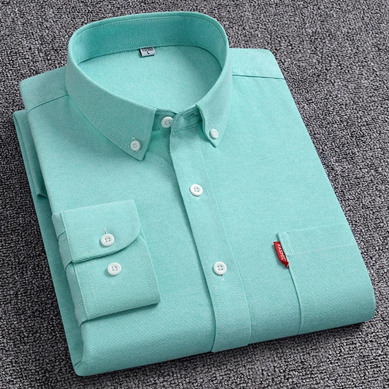 Men's Oxford Long Sleeve Shirts 100% Cotton Solid Color Turn Down Collar Regular Fit Daily Men Clothing Easy Care Shirts For Man