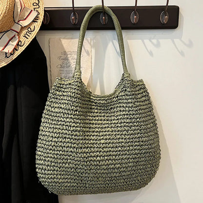 Women Crochet Beach Handbag Hasp Closure Retro Straw Handbag Solid Color Simple Weaving Handbag Ladies Summer Daily Bag