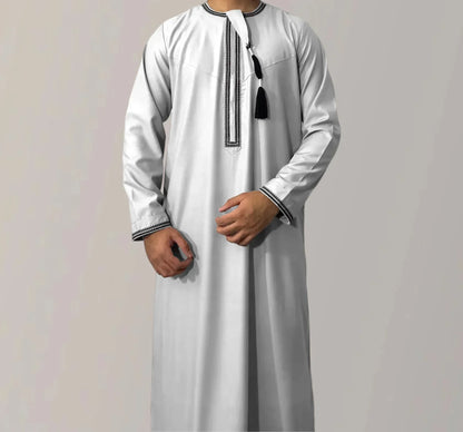 New Muslim Solid Color Abaya Round Neck Embroidery Robe Coarse Males Long Sleeve Kaftan Arabian Saudi Arabia Men's Kaftan