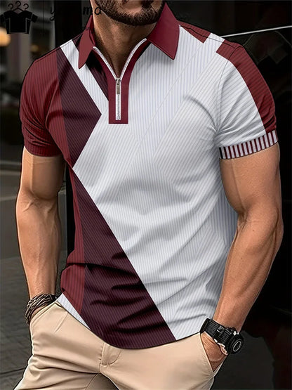 Men's Zipper Polo Shirt 3d Lattice Print Fashion Clothing Business Casual T-Shirt Mens Polo Shirt Zip Short Sleeve Street Top