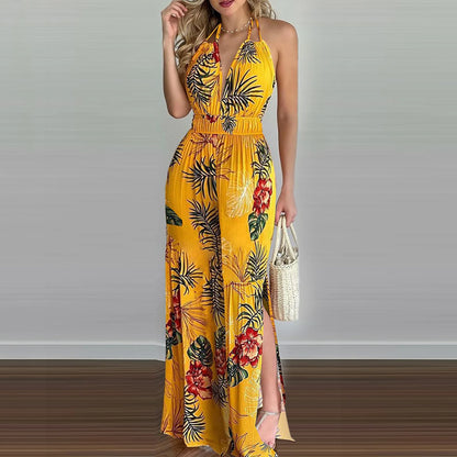 2024 new women's dress wish suspender digital print sleeveless V-neck colorful jumpsuit for women