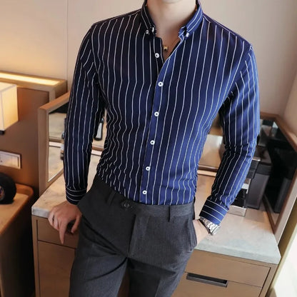 New Striped Shirt Men's Long Sleeve Slim Fit Business Casual Shirt Youth Cool Shirt Trend Formal Dress Shirts