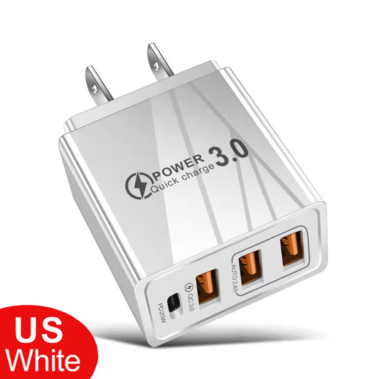 Pengecas USB 48W QC 3.0 Jenis C PD Pengecas Cepat Untuk iPhone 12 13 Max Samsung S21 Huawei Telefon Mudah Alih Xiaomi Pengecas Dinding Palam EU/AS 