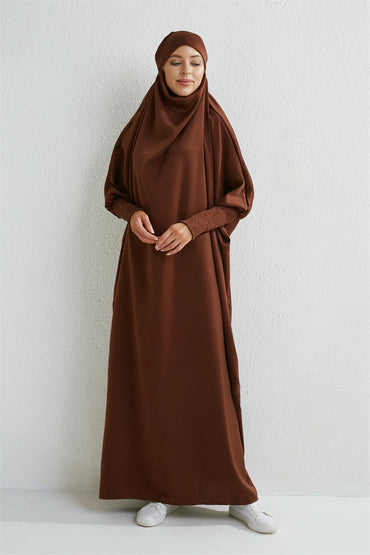 Muslim Abaya Women Jilbab Hooded Smocking Sleeve One-piece Prayer Dress Islamic Clothing Dubai Saudi Black Robe Turkish Modesty