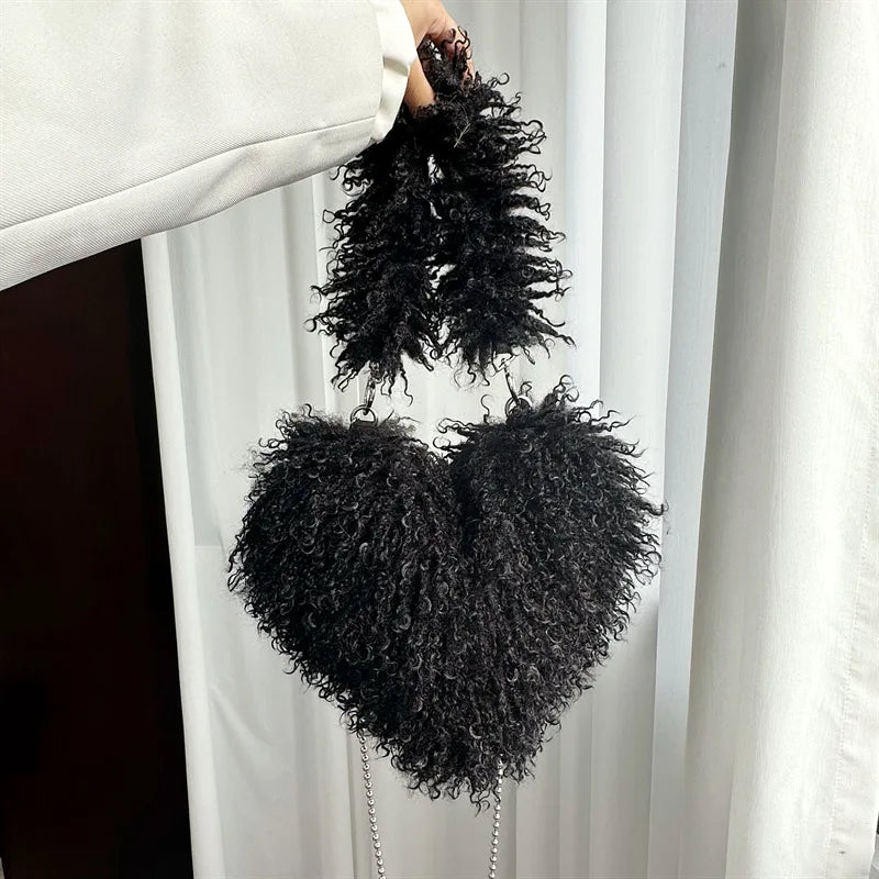 Faux Natural Fur-Ever Mongolian Furry Fur Heart Shape Oversized Tote Bags For Women Handbags With Long Shoulder Fur Straps