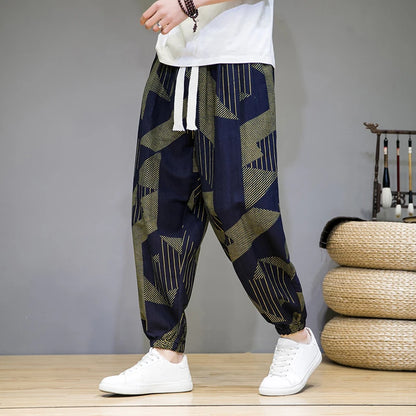 Chinese Style Man Pants Spring Summer Thin Breathable Cotton Linen Pants Men Harem Pants Printed Casual Pants Loose Pants Men