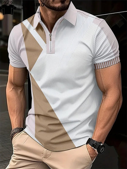 Men's Zipper Polo Shirt 3d Lattice Print Fashion Clothing Business Casual T-Shirt Mens Polo Shirt Zip Short Sleeve Street Top