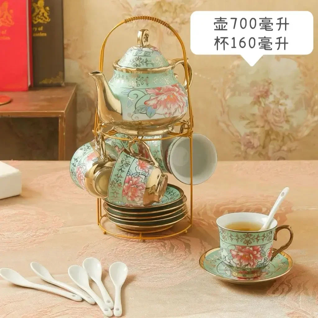 20 Pieces Porcelain Tea Set with Metal Holder European Ceramic Tea Set for Adults Flower Tea Set for Women with Floral