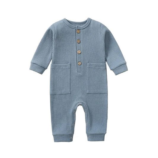 Musim Bunga Musim Gugur Bayi Baju Monyet Bayi Kapas Pepejal Lembut Jumpsuit Bayi Dengan Poket Gadis Lelaki Lengan Panjang Bebe Piyama Butang Wodden 