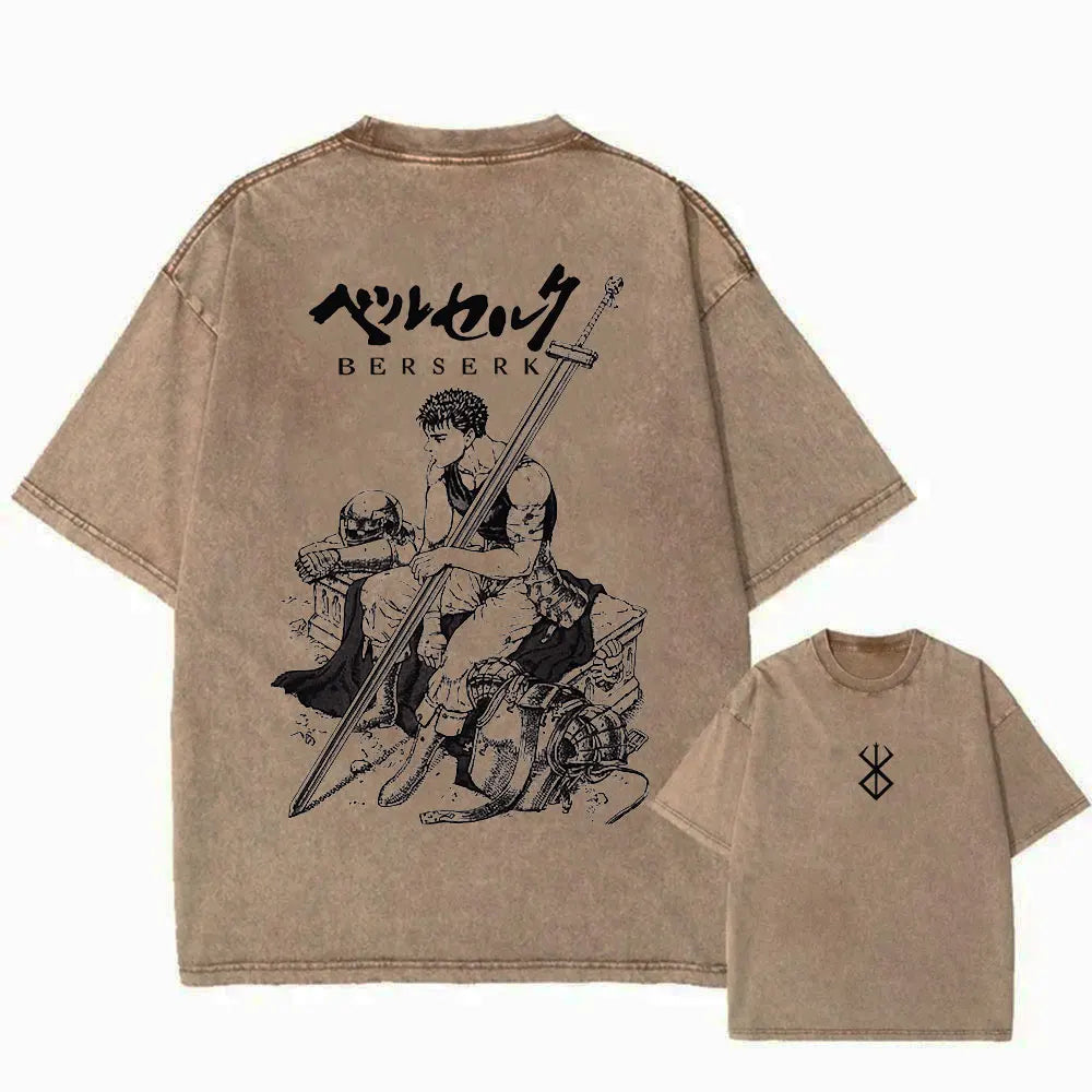 Men Streetwear Vintage Washed T-shirt Harajuku Anime Graphic Print T Shirts Oversized Summer Casual Loose Tops Tee Shirt