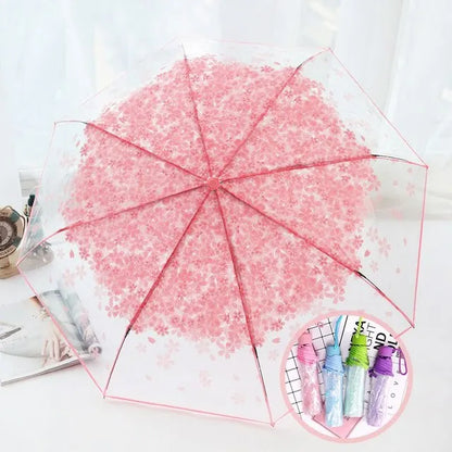 Umbrella 3 Fold Umbrella Rain Gear Fashion Cherry Blossom Transparent Umbrella Fresh Simple Protect Against Wind Clear Rain Gear