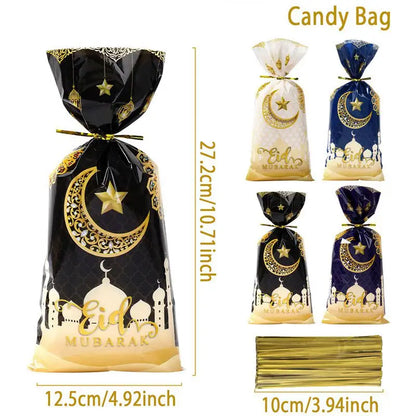 25/50pcs Eid Mubarak Gift Bags Plastic Cookie Candy Bag Ramadan Kareem Decor 2024 Islamic Muslim Party Supplies Eid Al-fitr Gift