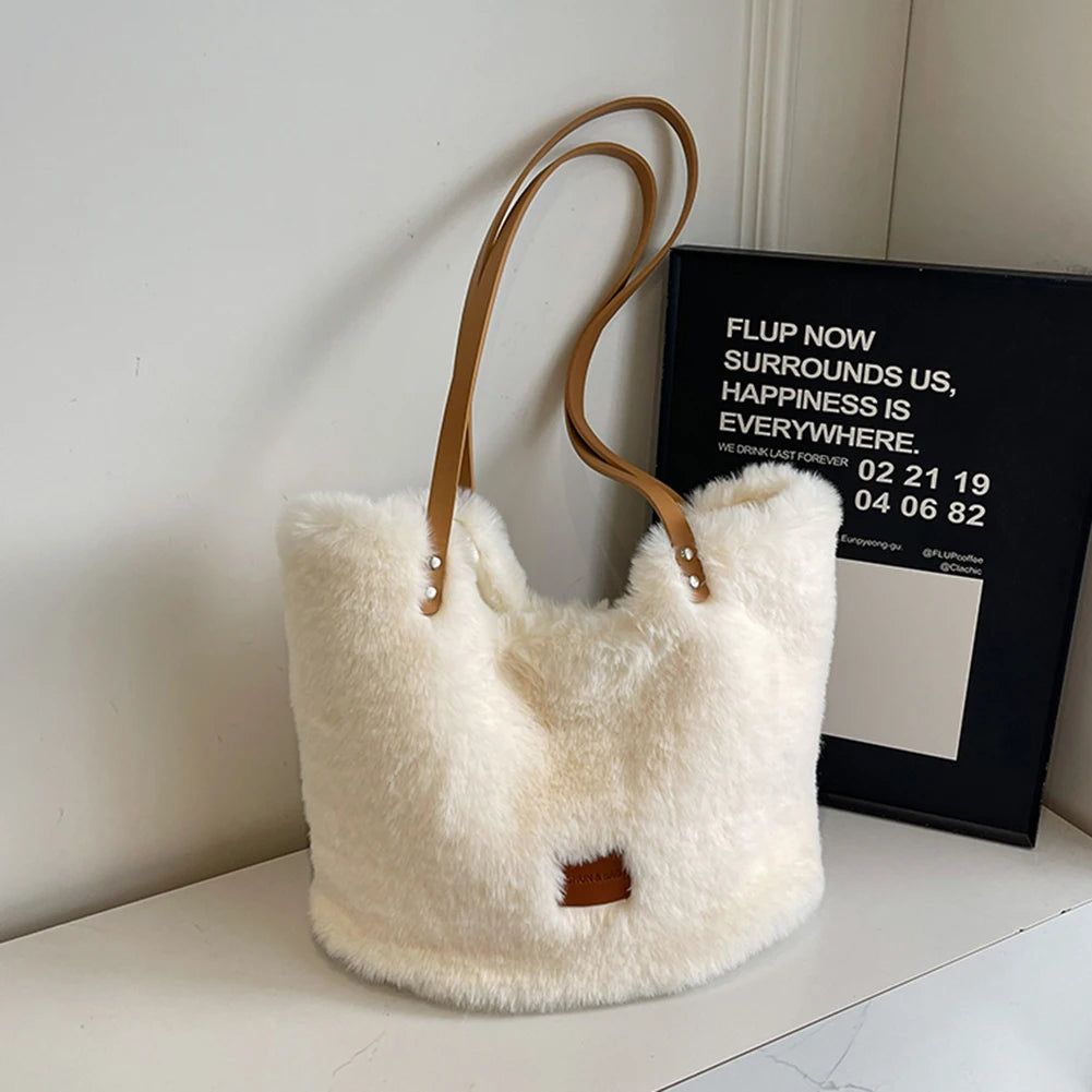 Women Plush Underarm Bag Fluffy Furry Satchel Bag Large Capacity Fuzzy Purse Solid for Work Travel Shopping