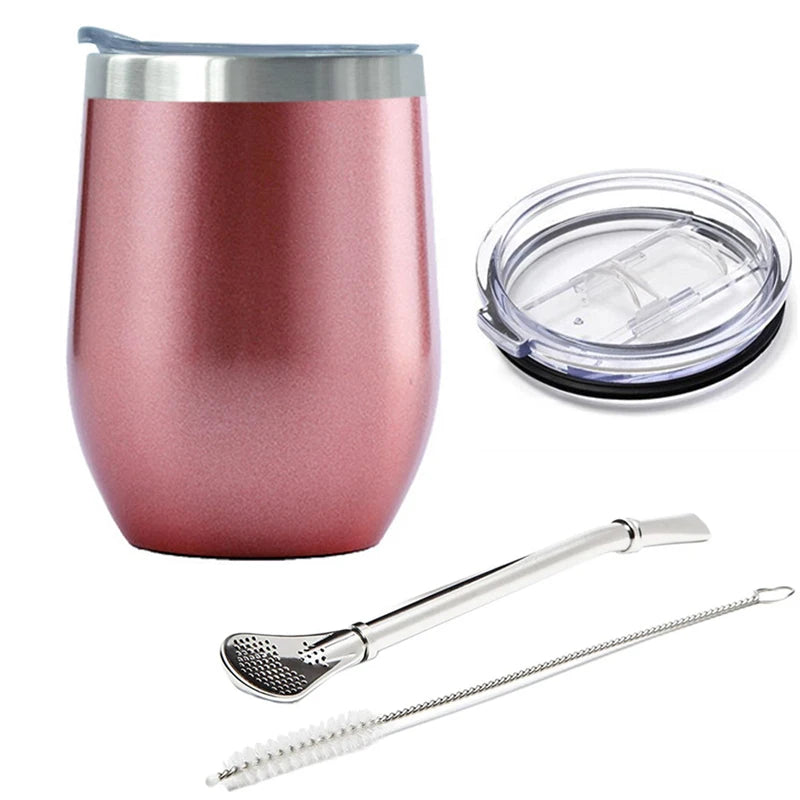 12oz Yerba Mate Tea Cup Stainless Steel Insulated Mug with Sliding Lid and Straw Coffee Cup Cocktail Champagne Cute Tumbler Cups