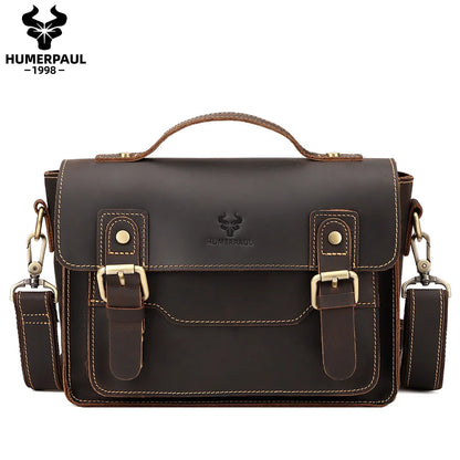 HUMERPAUL Crazy Horse Leather Men Messenger Bag Vintage Large Capacity Crossbody Bag Handbags Multifunctional Business Briefcase