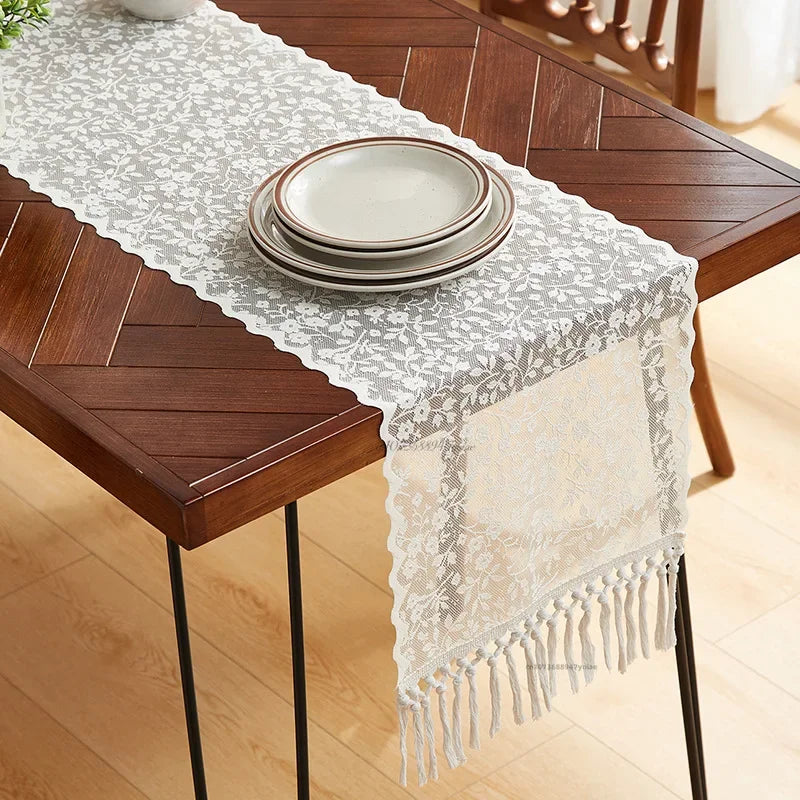 White Lace Table Runner INS Table Flag Dust Cover Wedding Dining Tables Cover Embroidered Floral Table Runner with Tassel