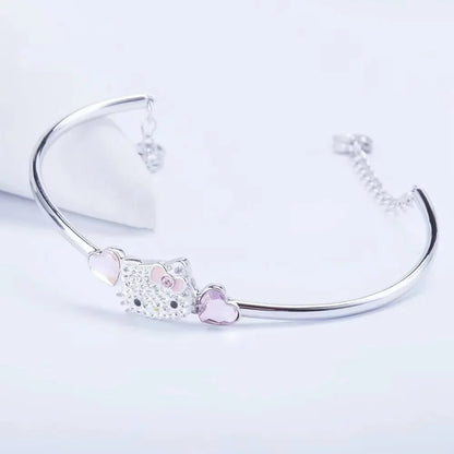 Hello Kitty Necklace Sanrio Anime Character Pink Peach Heart Crystal Cat Push-Pull Bracelet Pendant Couple Decoration Girl Gift