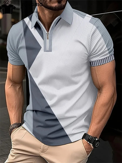 Men's Zipper Polo Shirt 3d Lattice Print Fashion Clothing Business Casual T-Shirt Mens Polo Shirt Zip Short Sleeve Street Top