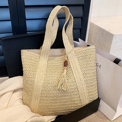 Summer Straw Woven Bag Fashion Handmade Simple Large Capacity with Tassel Pendant Hand-Woven Handbags Shopping Handbag Tote